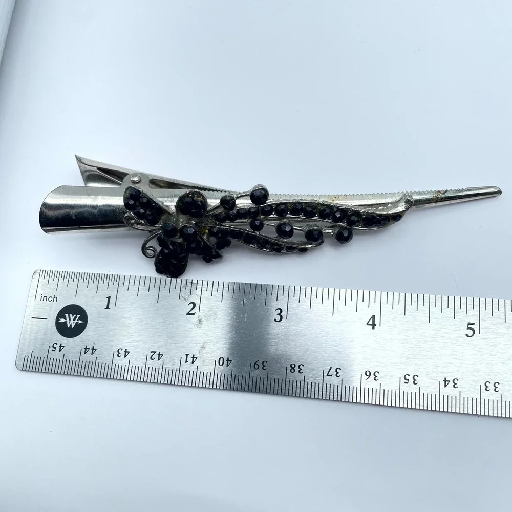 Vintage Silver-Tone Black Classic Faceted Glass Floral Beads Alligator Hair Clip